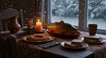 Polish Wigilia table, wafers of opłatek placed beside carp dish and glowing candle, snow falling outside frosted window
