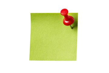A square, light lime-green sticky note with a red pushpin