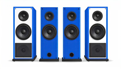 Four vibrant blue and white vertical speakers, two with white panels, stand against a white background, showcasing their audio capabilities