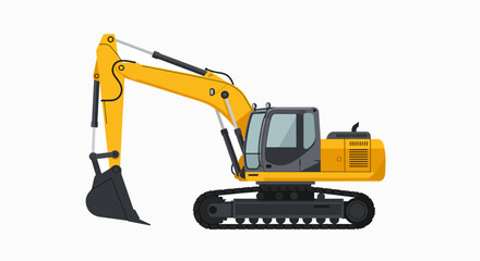 A yellow excavator with a black bucket and tracks, isolated on a white background, showcasing its construction machinery design.