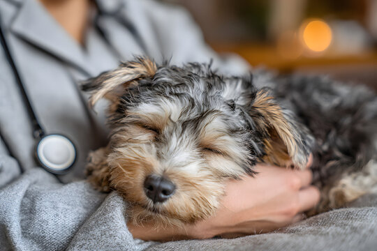 A veterinarian uses a stethoscope to examine a small sleeping dog lying on her lap during a home visit. The veterinarian provides professional medical care to pets in a comfortable environment.