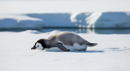 Fototapeta premium A penguin lies on its side in the snow with its head down, against a backdrop of icy chunks and water.
