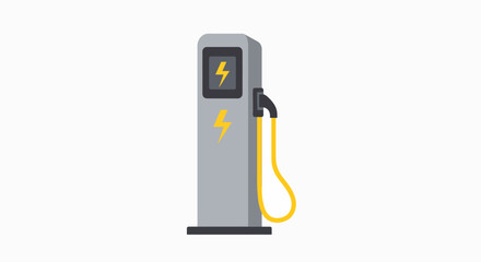 An isolated vector illustration of a modern electric vehicle charging station with a yellow lightning bolt symbol.