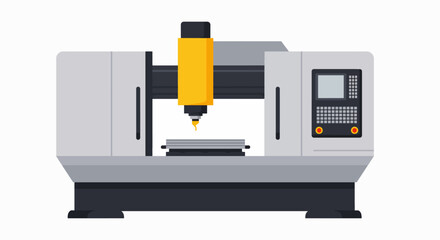 Flat vector illustration of a modern CNC milling machine with a yellow spindle and a grey workpiece on a white background, representing industrial automation. © o_o