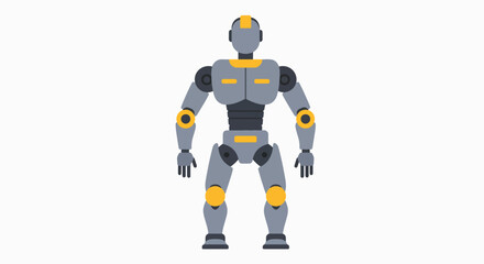 A futuristic humanoid robot with a gray and yellow metallic body standing on a white background.