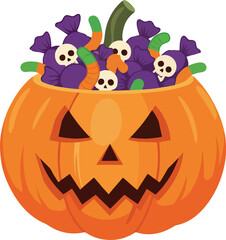 Jack-o’-Lantern Candy Bucket – Halloween Vector Illustration with Skull Candies and Gummy Worms