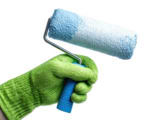 A hand in a green work glove holds a paint roller with light blue and white paint