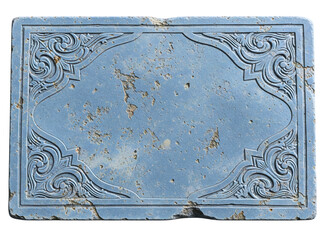 Old weathered blue stone plaque with an ornate decorative border on a transparent background
