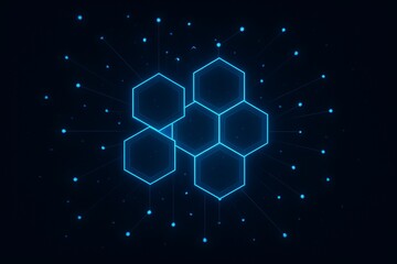 Abstract glowing blue hexagonal network structure with digital particles on a dark background