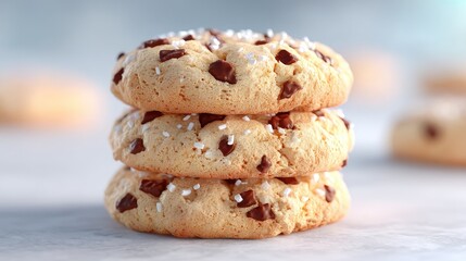 Stack of Three Cookies Topped with Salt and Chocolate Chips on Grey Surface in Soft Light