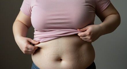 Raw Vulnerability: Obese Woman Examines Stretch Marks in Muted, Daylit Bedroom