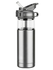 Stainless steel water bottle with a fruit infuser and straw lid on a transparent background