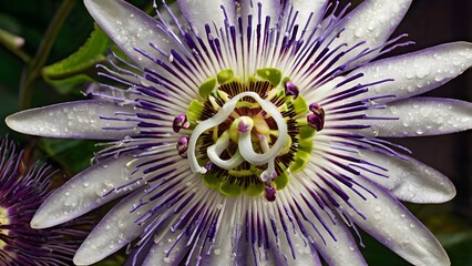 Macro Closeup of Exotic Passion Flower with Water Drops