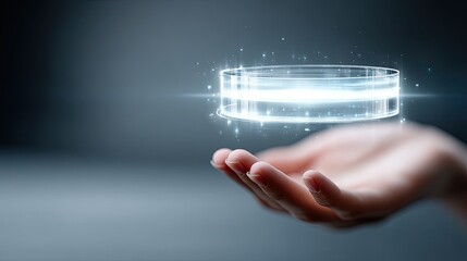 Glowing Circular Hologram Floating Above a Human Hand on Dark Background Digital Futuristic Technology Concept