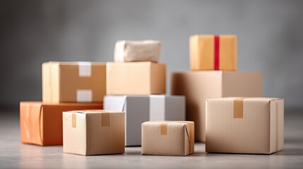Obraz premium Stacked Brown Cardboard Boxes on Gray Surface Against Blurred Background Delivery Packaging Cargo Postal Services Supply Chain Storage and Transportation