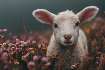 Obraz premium portrait of cute little lamb grazing in green spring meadow