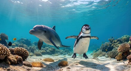 Naklejka premium Underwater scene of a dolphin and a penguin swimming together near coral reefs with a sunny ocean background.