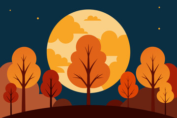 Autumn night scene with a large moon and stylized trees