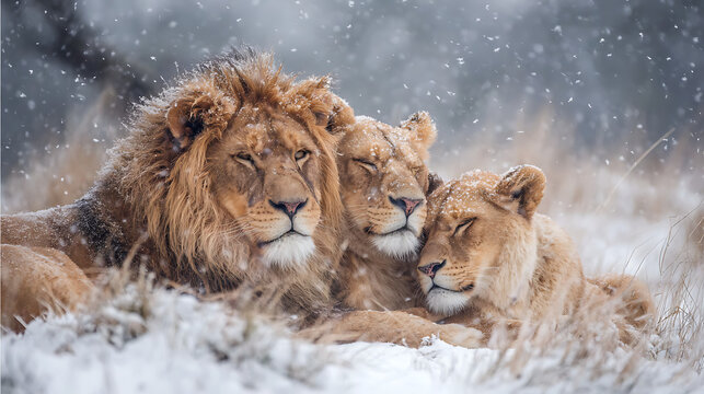 Heartwarming moment of a lion family cuddling up for warmth in the winter