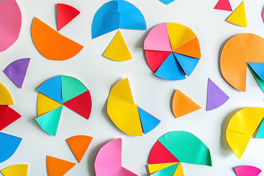 Vibrant paper geometric shapes creating an abstract colorful pattern on a white background - Powered by Adobe
