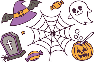 An orange and black Halloween vector set illustration with a spooky pumpkin, bat, ghost, and witch hat design for an October holiday celebration background