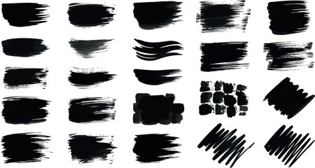 Vector art of group of black paint brush marks, lines, and smudges
