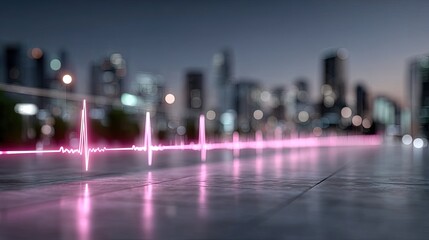 Glowing Pink Heartbeat Line Over Cityscape at Dusk on Concrete Surface Artificial Intelligence Digital Technology