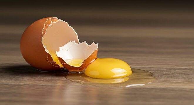 Broken egg on wooden surface