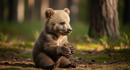 Fototapeta premium A curious brown bear cub sitting on forest floor holding a pinecone in its paws amidst trees and greenery with warm