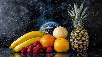 Fruits against a cosmic backdrop