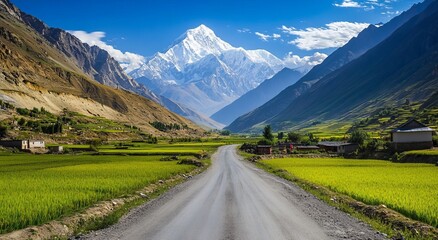 Mountain road through valley, bright sunny day