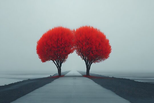 Symmetrical red trees on a misty horizon road