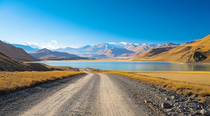 Mountain road leads to tranquil lake. Sunlight bathes golden hills and peaks