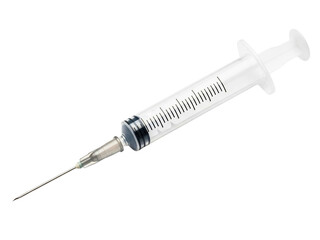Empty plastic medical syringe with a hypodermic needle attached on a transparent background