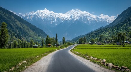 Mountain road through lush valley. Snow-capped peaks