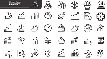 Profit line icon set. Money income, money savings, earnings, money, cash, investment, financial growth and more. Outline vector icon in linear style. Pictogram collection PNG