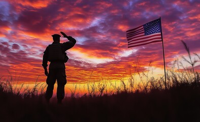 Silhouette of soldier saluting at sunset with American flag (1)