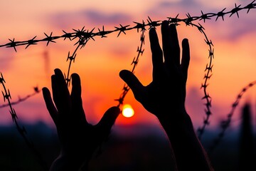 Silhouetted hands reaching towards a barbed wire fence at sunset