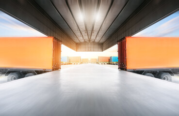 Container Trucks Loading at Warehouse Dock. Shipping Cargo Containers. Distribution Warehouse. Supply Chain, Shipment. Freight Truck Logistics Transport.	
