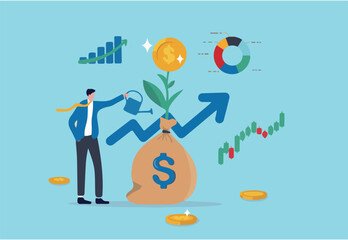 Investment growth, growing money to earn profit from savings, increase wealth from stock market or trading, mutual fund or assets concept, businessman watering grow money with rising financial chart