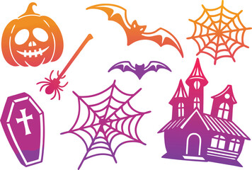 Cartoon illustration of a pink fairy castle with vector Halloween icons set floating in the sky