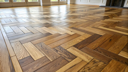 Beautiful chevron wood flooring transitions from light to dark tones creating stunning visual flow in bright sunlit interior space