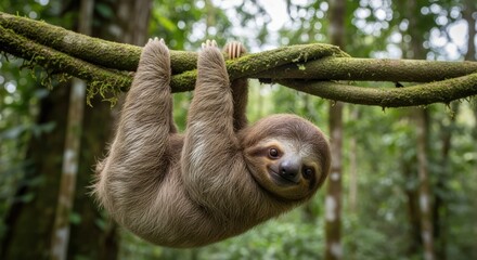Fototapeta premium A sloth hangs upside down from a mossy branch in a lush forest with a calm expression on its face.