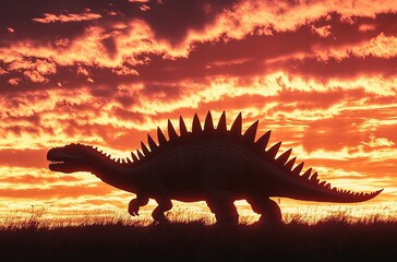 Silhouette of a dinosaur at fiery sunset