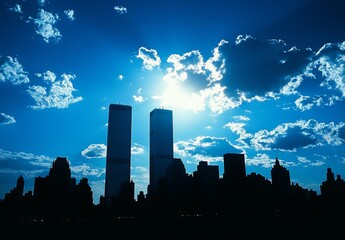 Silhouette of NYC skyline, sunlit clouds, twin towers