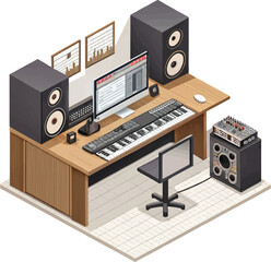 Isometric Home Recording Studio with Computer, Keyboard, and Speakers