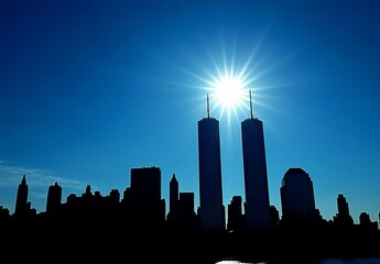 Silhouette of NYC skyline, Twin Towers, sunburst