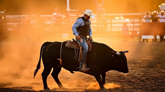 Cowboy Riding a Bull at Sunset - A cowboy bravely rides a powerful black bull in a dusty rodeo arena as the sun sets, creating a dramatic silhouette against the warm orange light.