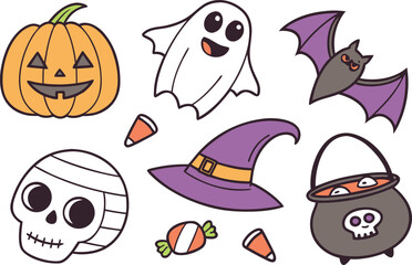A cute cartoon set of Halloween monsters including a pumpkin, ghost, bat, and cat vector illustrations for your spooky autumn holiday design