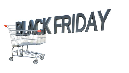 A shopping cart stands empty against a white background, with bold letters spelling out Black Friday above it, signaling a major sales event filled with discounts and bargains. PNG TRANSPARENT